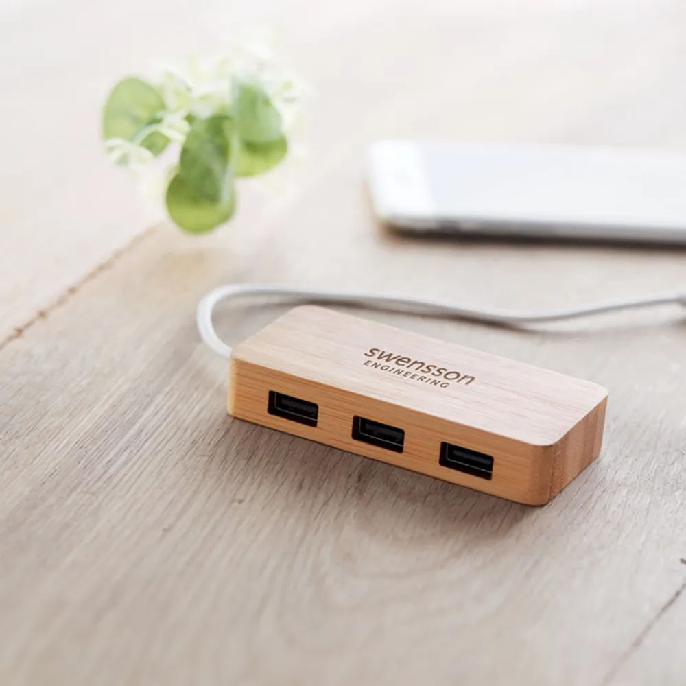 USB Hub met 3 Poorten in Bamboe Behuizing